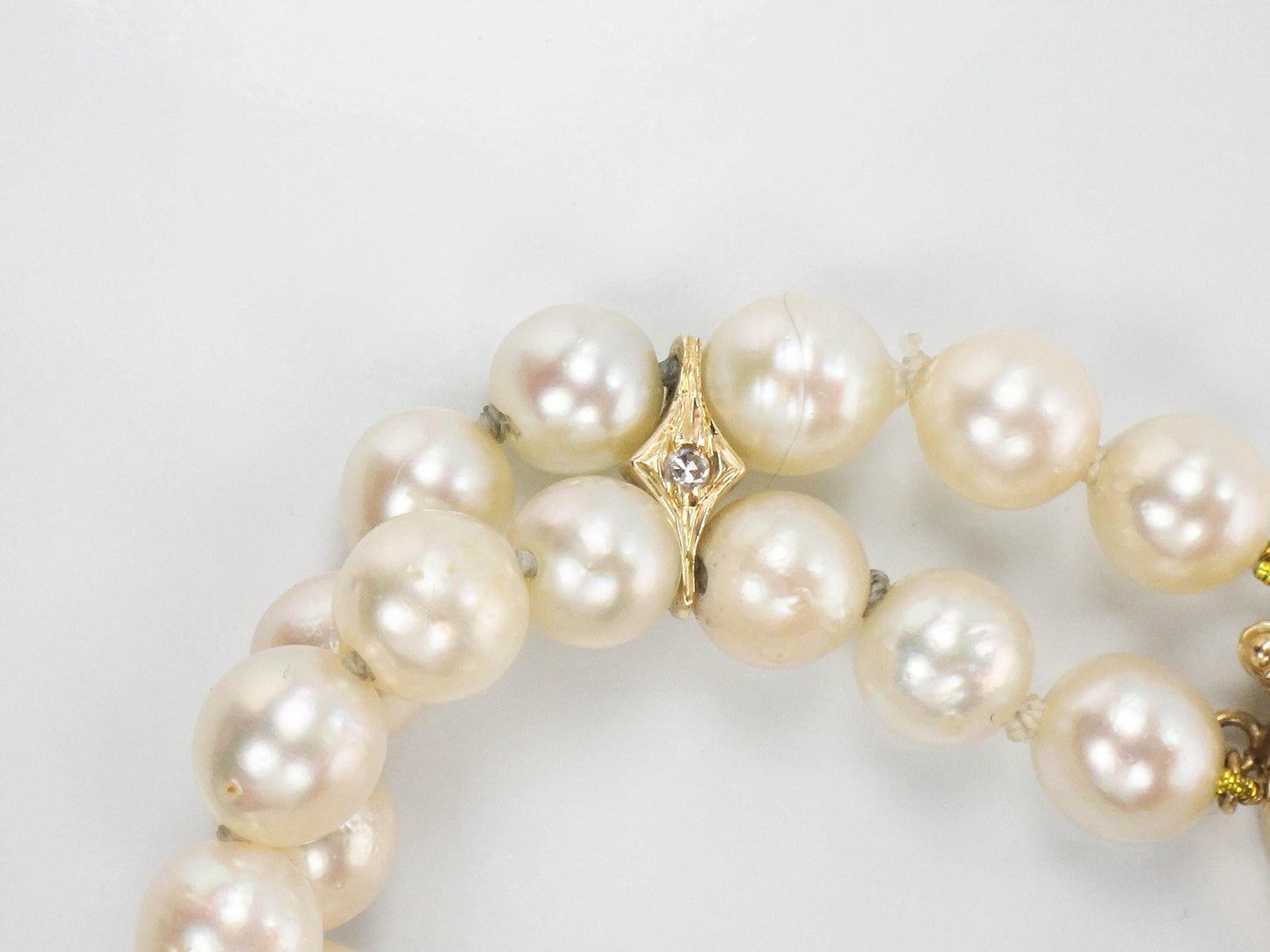 Vintage 14k Gold Double Strand Pearl and Diamond Bracelet, 5.9 - 6.2 mm Saltwater Cultured Pearl Bracelet, Bridal Bracelet 7 7/8"