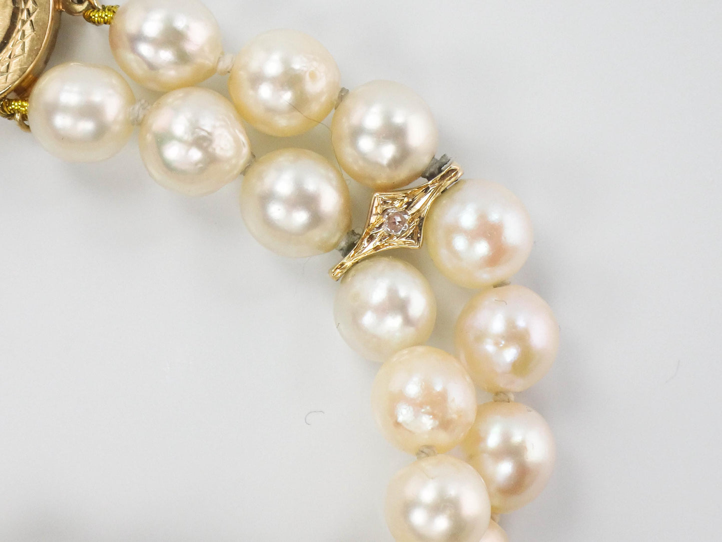 Vintage 14k Gold Double Strand Pearl and Diamond Bracelet, 5.9 - 6.2 mm Saltwater Cultured Pearl Bracelet, Bridal Bracelet 7 7/8"