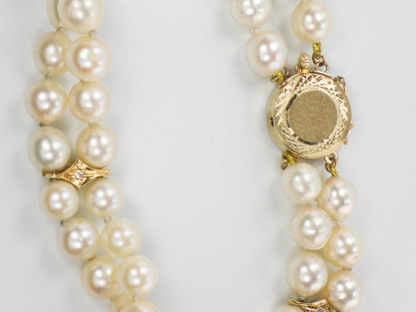 Vintage 14k Gold Double Strand Pearl and Diamond Bracelet, 5.9 - 6.2 mm Saltwater Cultured Pearl Bracelet, Bridal Bracelet 7 7/8"