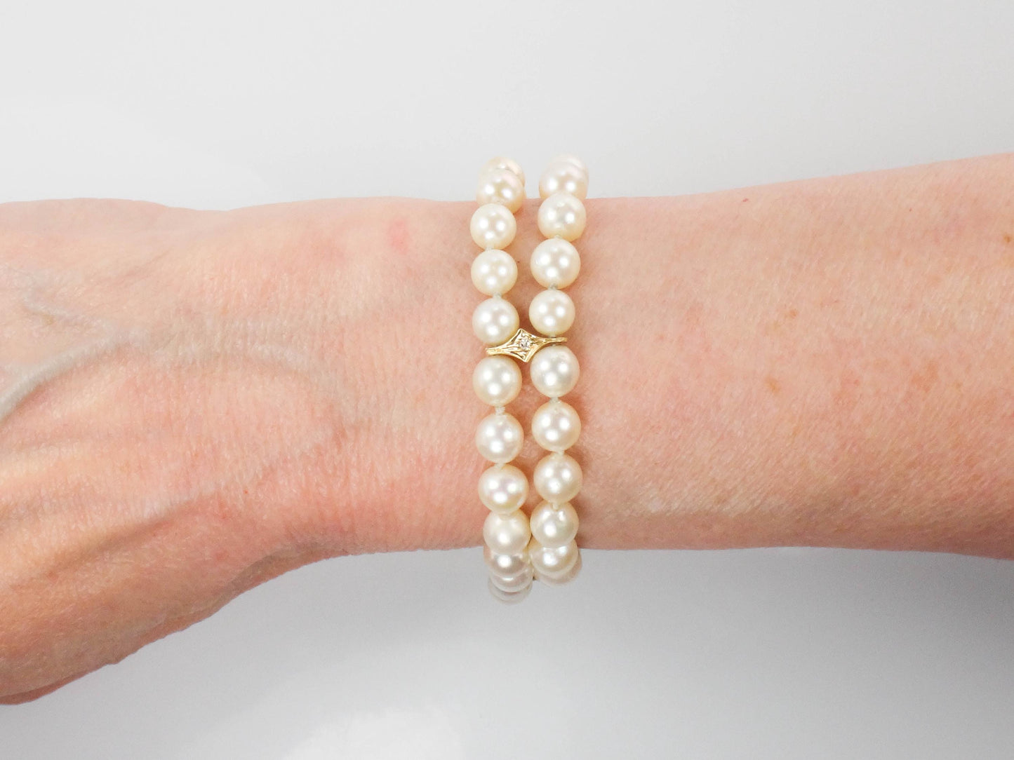 Vintage 14k Gold Double Strand Pearl and Diamond Bracelet, 5.9 - 6.2 mm Saltwater Cultured Pearl Bracelet, Bridal Bracelet 7 7/8"