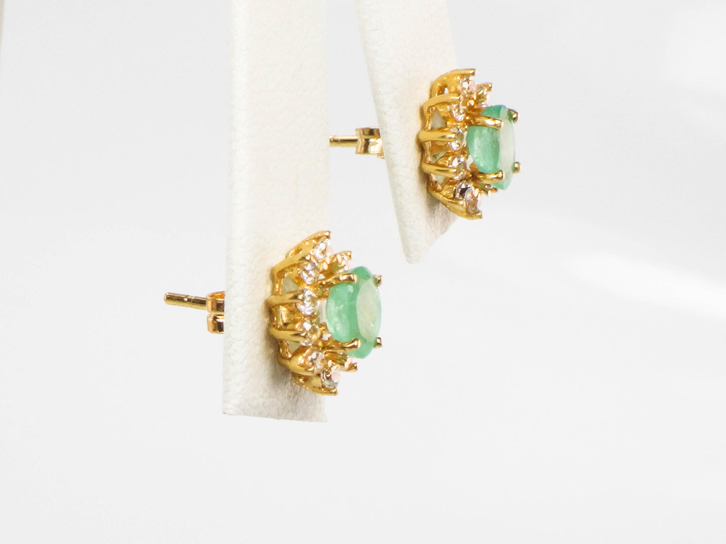 Vintage Yellow Gold Natural Emerald and CZ Halo Earrings, Green Stone Stud Earrings
