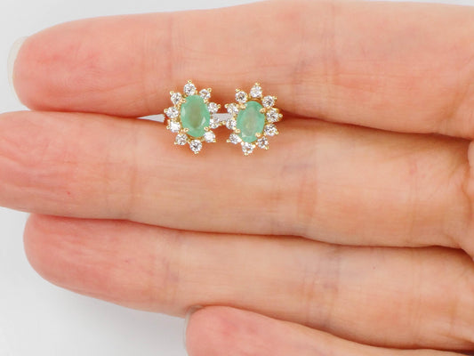 Vintage Yellow Gold Natural Emerald and CZ Halo Earrings, Green Stone Stud Earrings