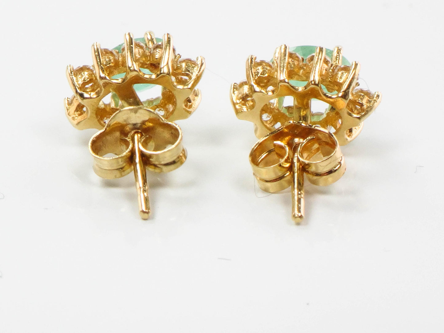 Vintage Yellow Gold Natural Emerald and CZ Halo Earrings, Green Stone Stud Earrings