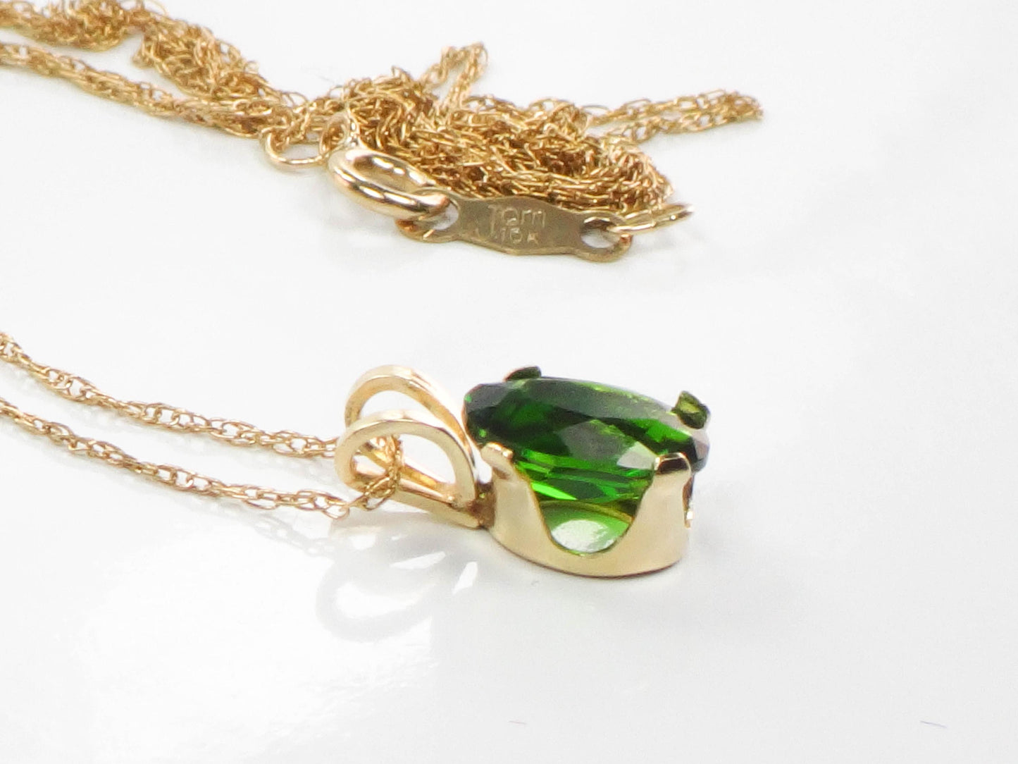 Vintage Yellow Gold Green Tourmaline Drop Necklace, Minimalist Oval Cut Green Stone Pendant, 19"