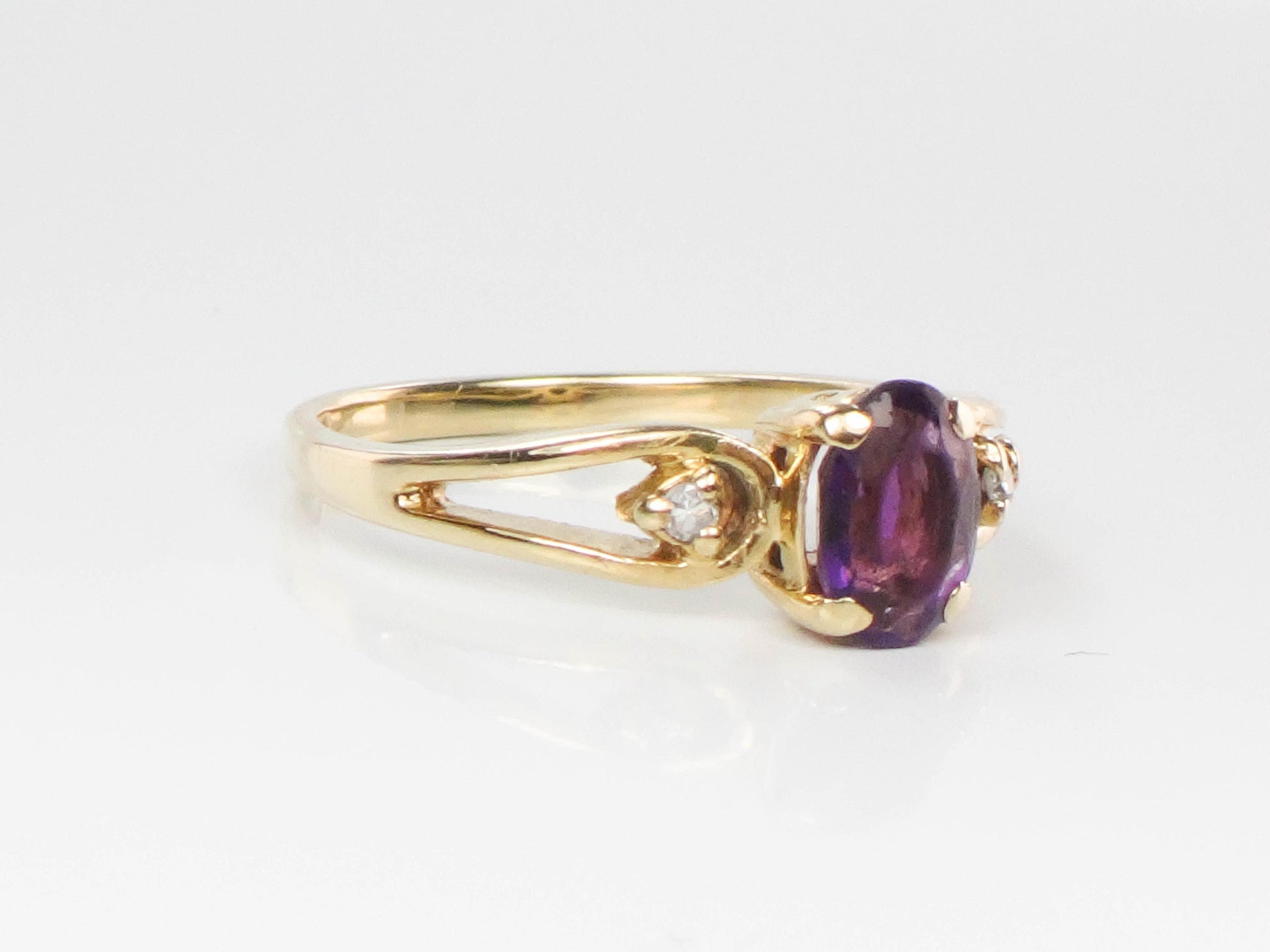Vintage 14k Yellow Gold Amethyst Ring with Diamond Accents, February Birthstone, Size 6.5