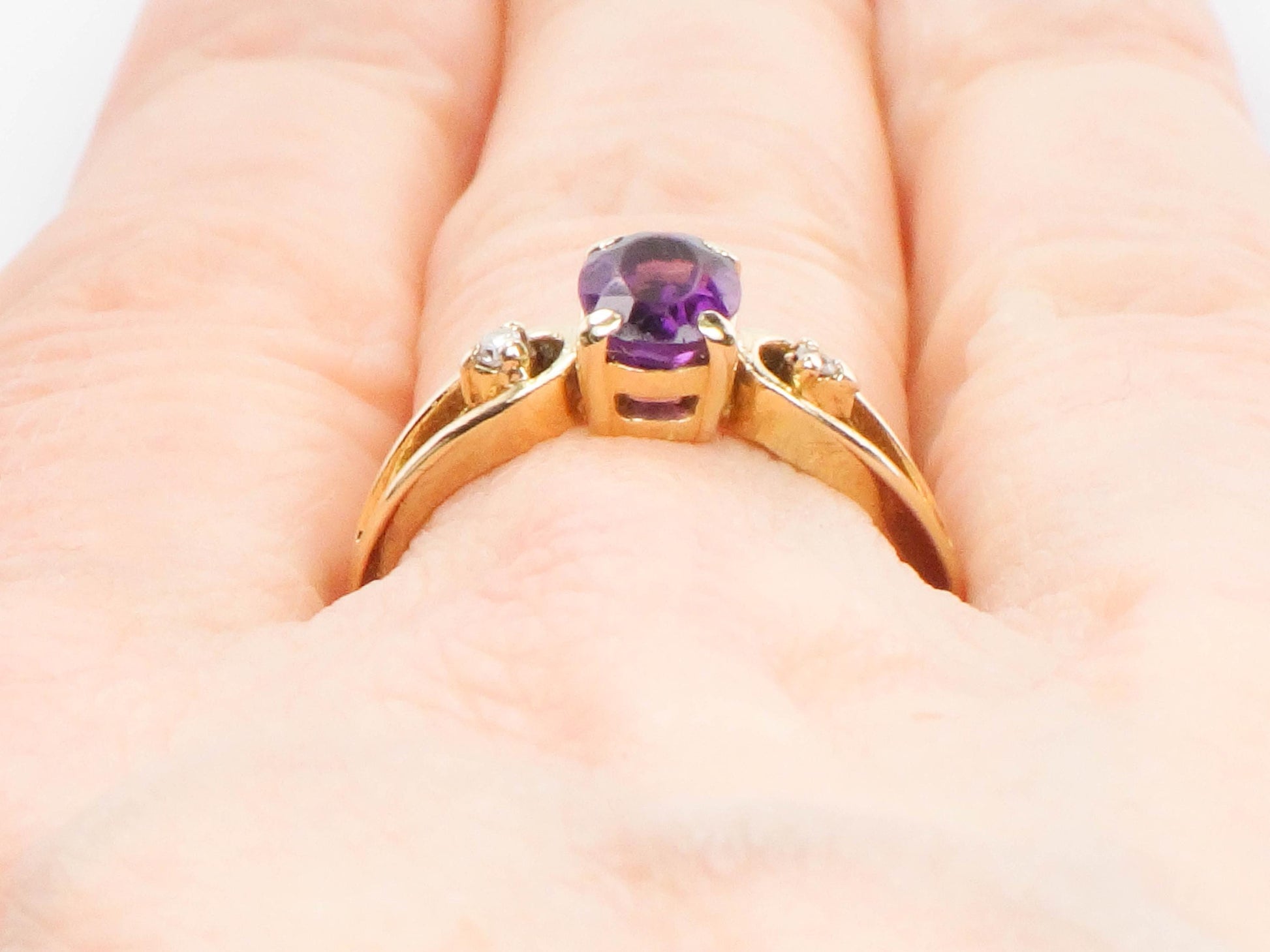 Vintage 14k Yellow Gold Amethyst Ring with Diamond Accents, February Birthstone, Size 6.5