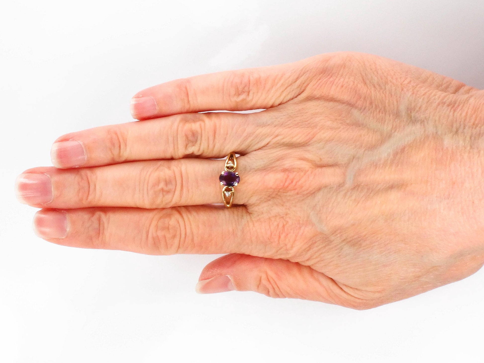 Vintage 14k Yellow Gold Amethyst Ring with Diamond Accents, February Birthstone, Size 6.5