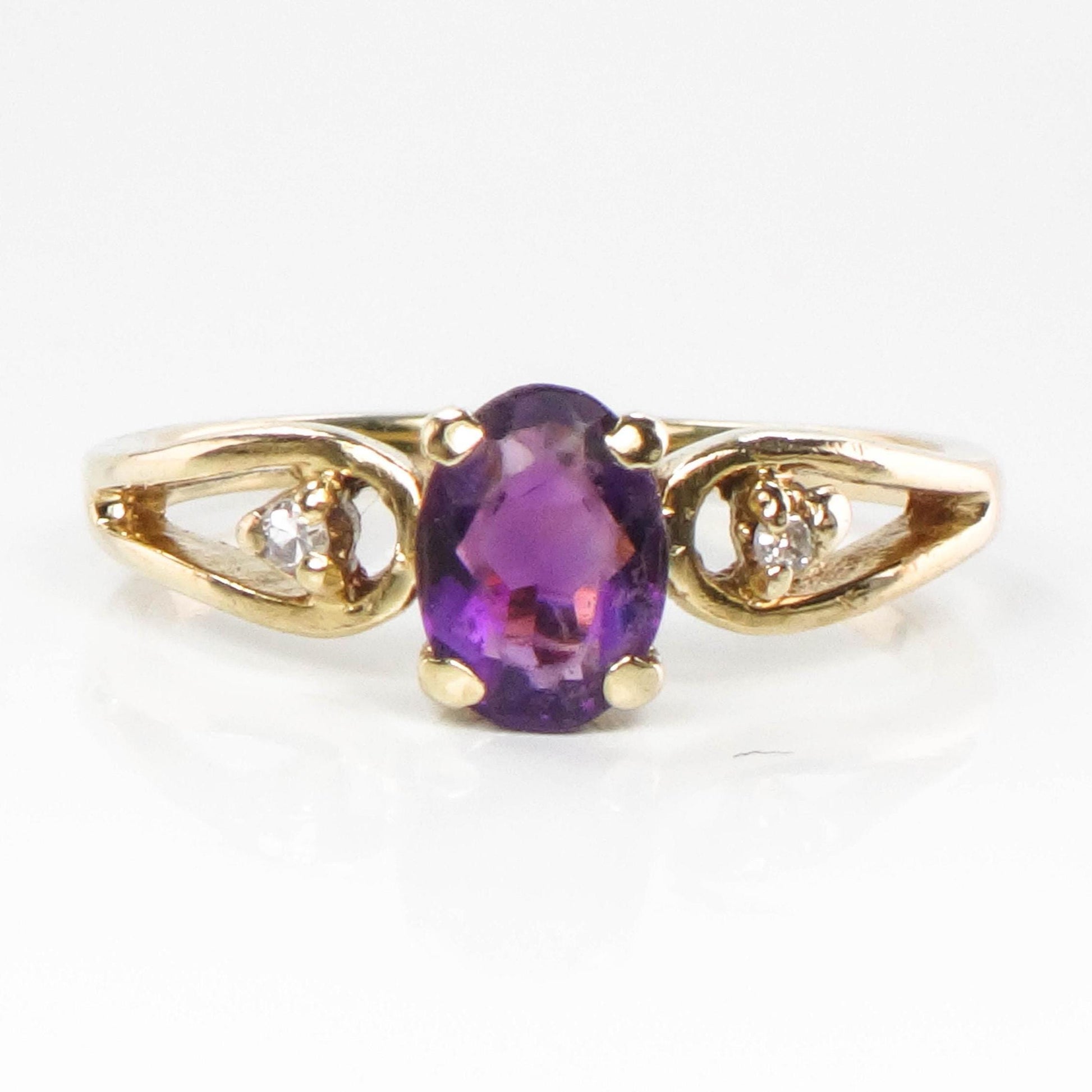 Vintage 14k Yellow Gold Amethyst Ring with Diamond Accents, February Birthstone, Size 6.5