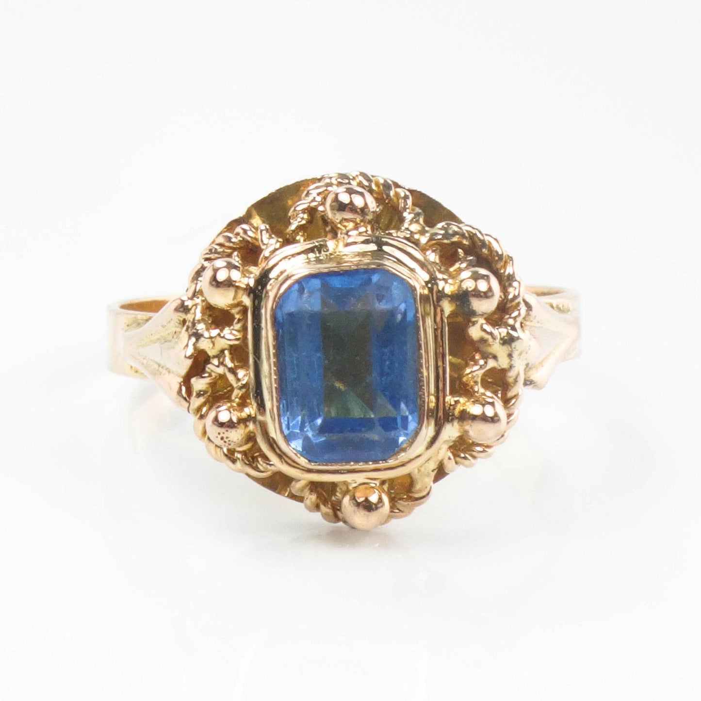 Vintage 19.2k Yellow Gold Cannetille Filigree Blue Glass Ring, Portuguese Hallmarked Gold Ring, Size 6.75