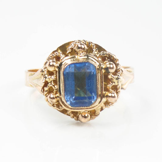 Vintage 19.2k Yellow Gold  Cannetille Filigree Blue Glass Ring, Portuguese Hallmarked Gold Ring, Size 6.75