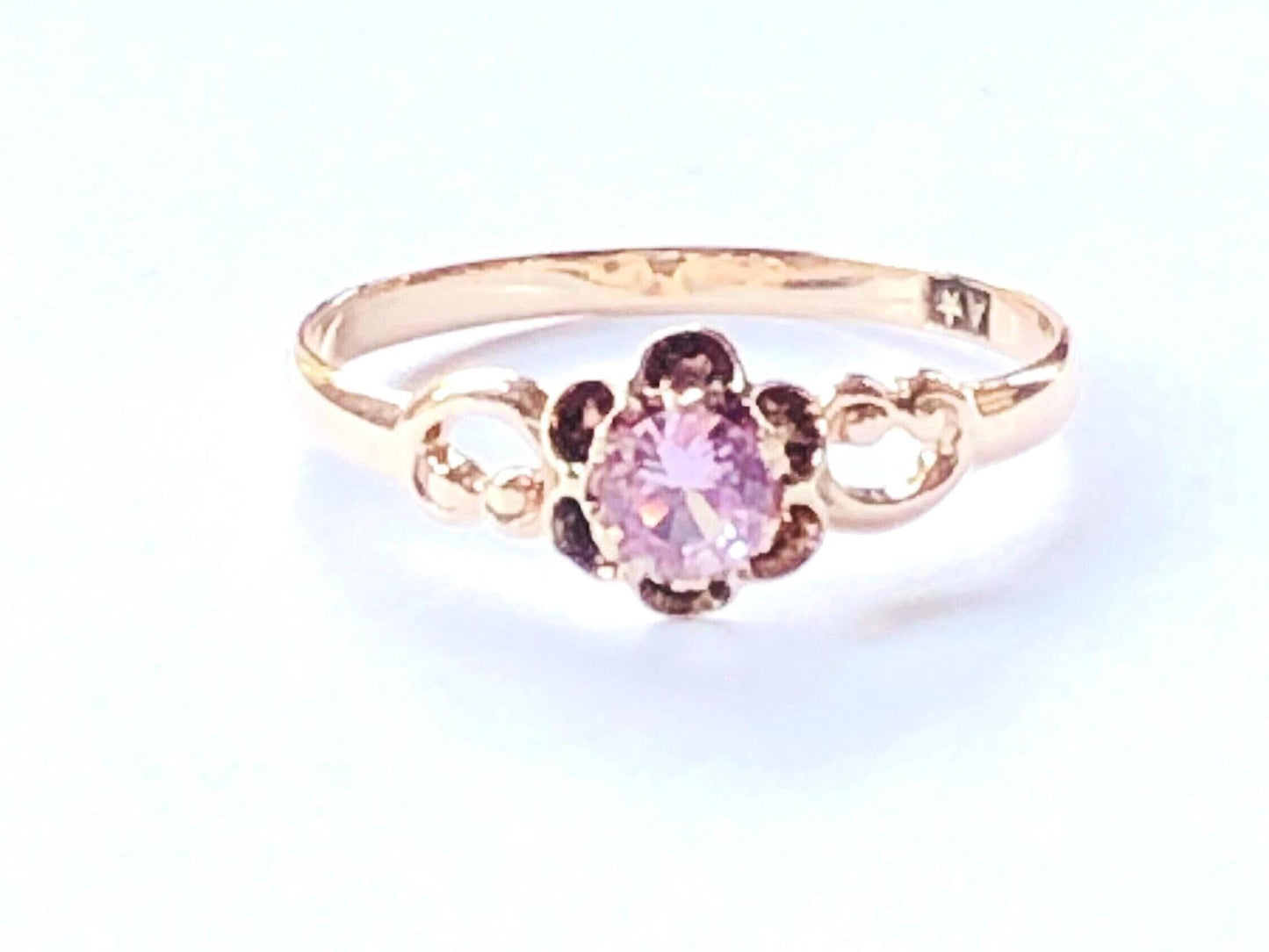 Vintage 10k Yellow Gold Pink Sapphire Ring, Lab Created Sapphire Solitaire Ring Size 6 1/2