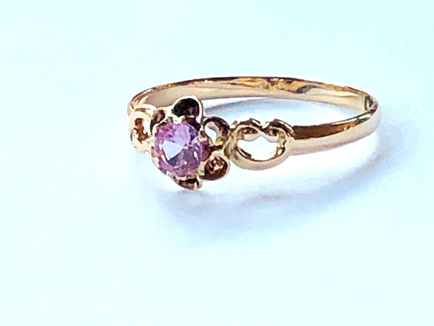 Vintage 10k Yellow Gold Pink Sapphire Ring, Lab Created Sapphire Solitaire Ring Size 6 1/2