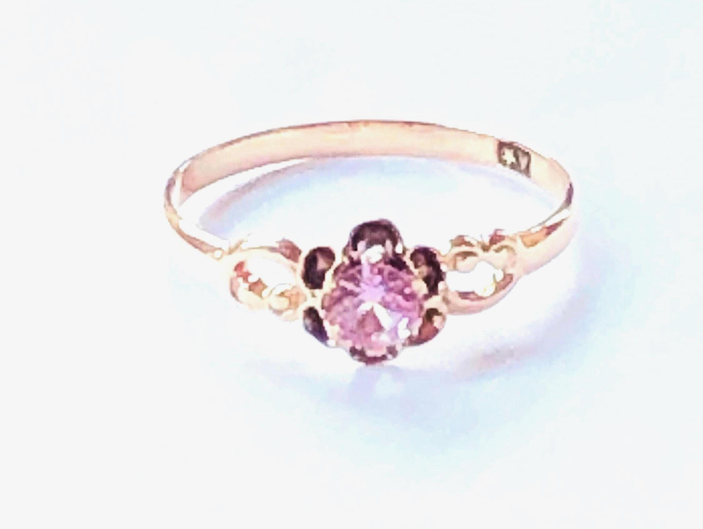 Vintage 10k Yellow Gold Pink Sapphire Ring, Lab Created Sapphire Solitaire Ring Size 6 1/2