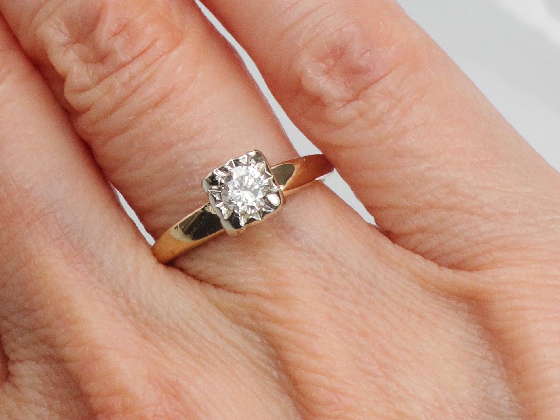 Vintage 14k Yellow Gold Diamond Engagement Ring, Round Cut Solitaire Engagement Ring Approx .30 CTS, Size 5