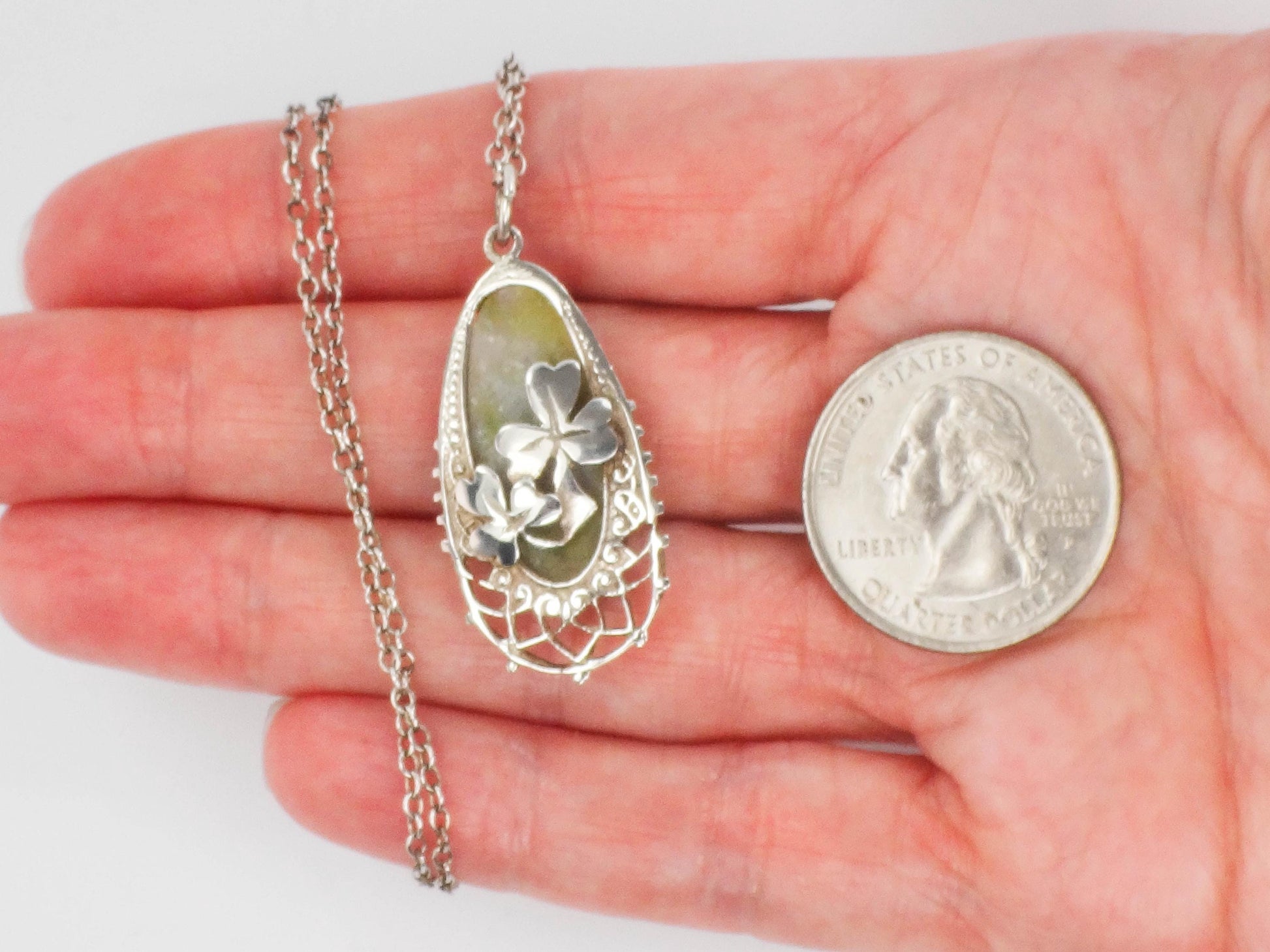 Vintage Sterling Silver Connemara Marble Shamrock Pendant Necklace, Irish Good Luck Necklace 18"