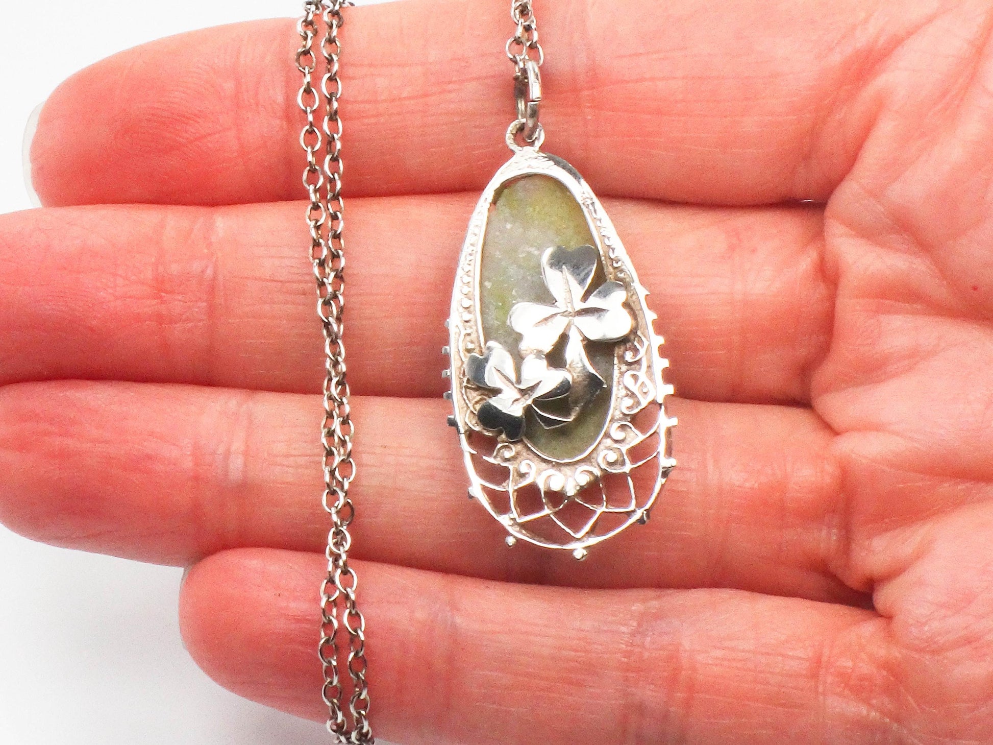 Vintage Sterling Silver Connemara Marble Shamrock Pendant Necklace, Irish Good Luck Necklace 18"