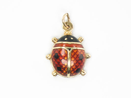 Vintage 18k Gold Puffy Ladybug Pendant with Red and Black Enamel, Good Luck Charm