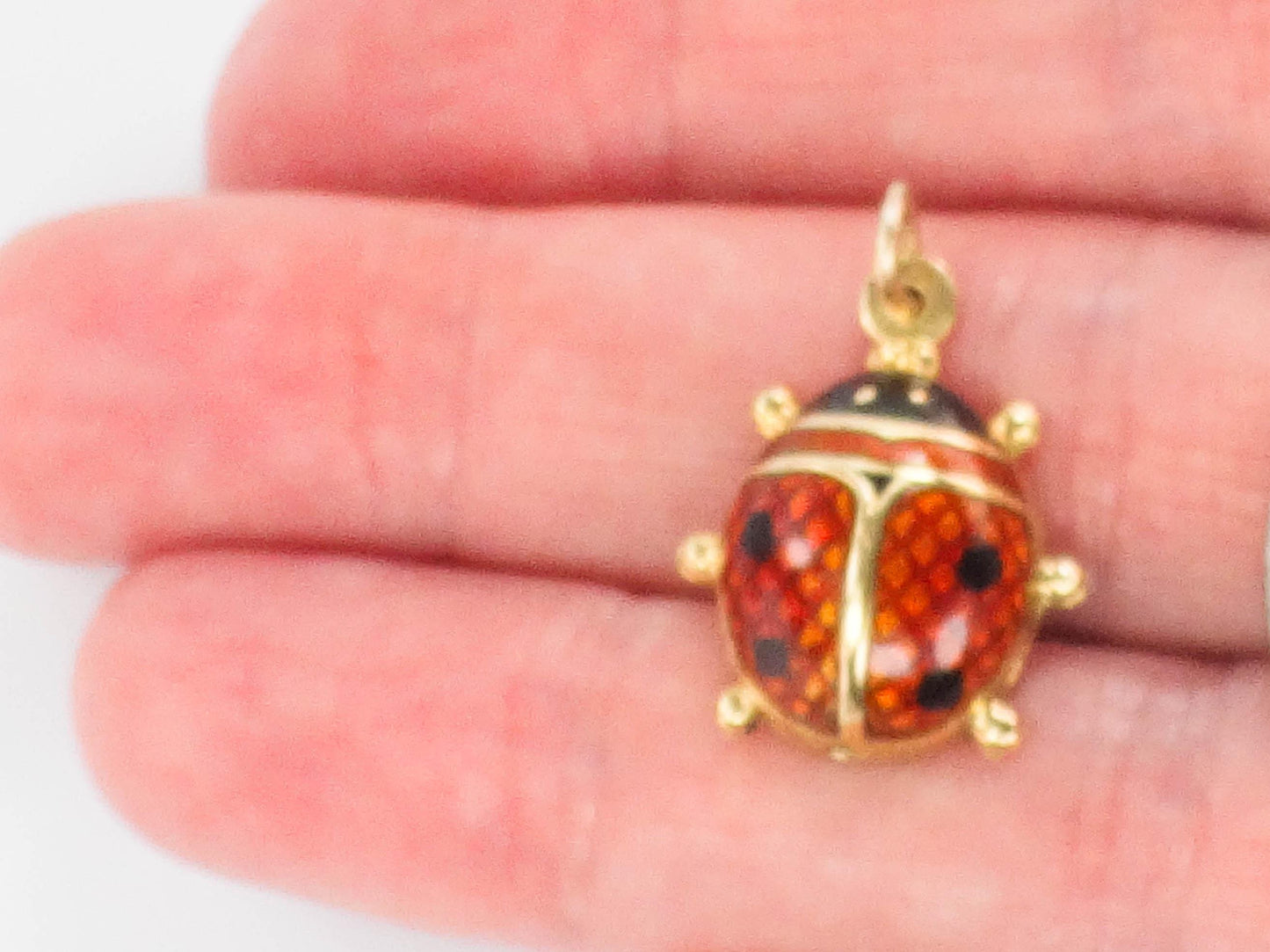 Vintage 18k Gold Puffy Ladybug Pendant with Red and Black Enamel, Good Luck Charm
