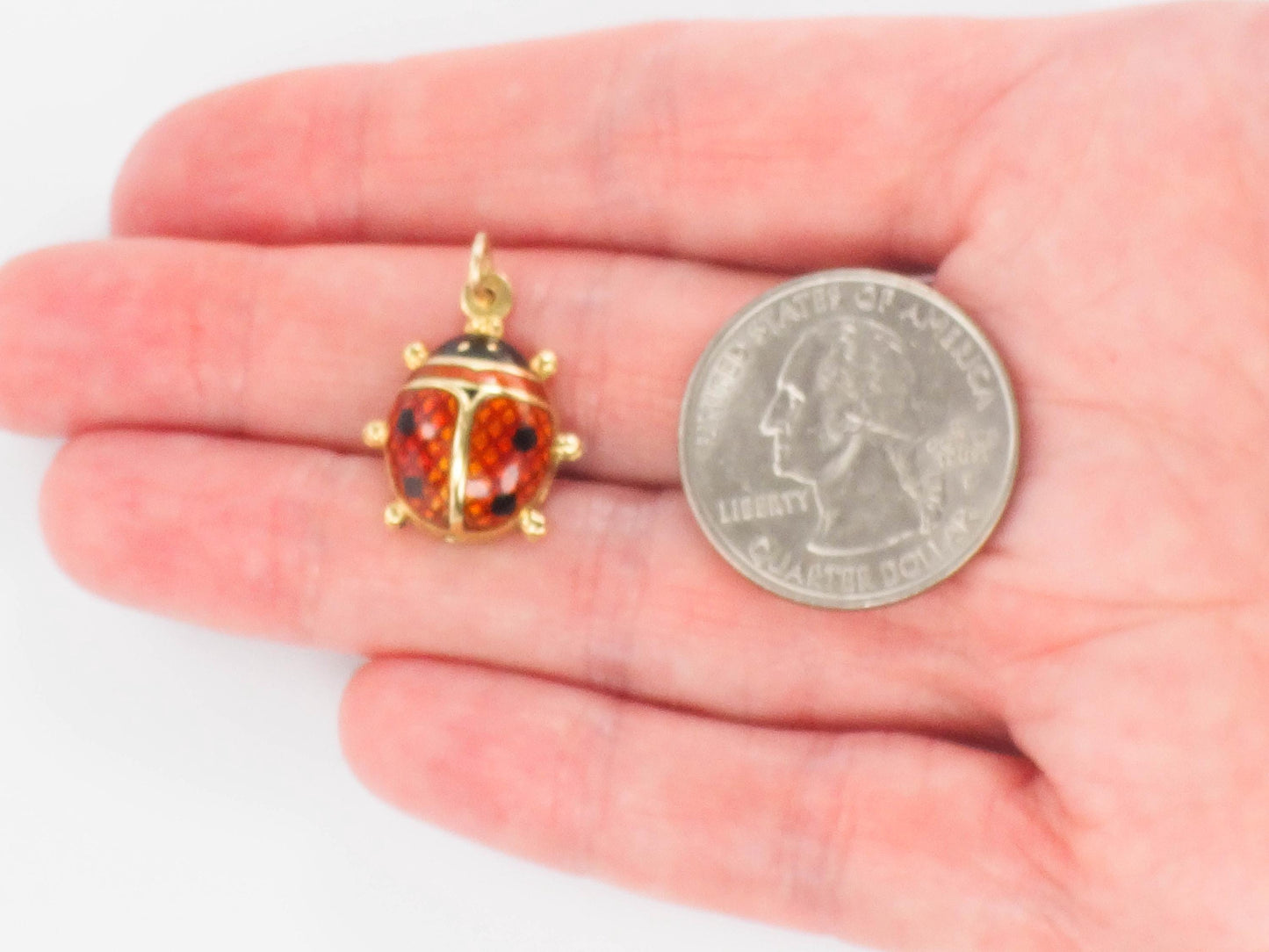 Vintage 18k Gold Puffy Ladybug Pendant with Red and Black Enamel, Good Luck Charm