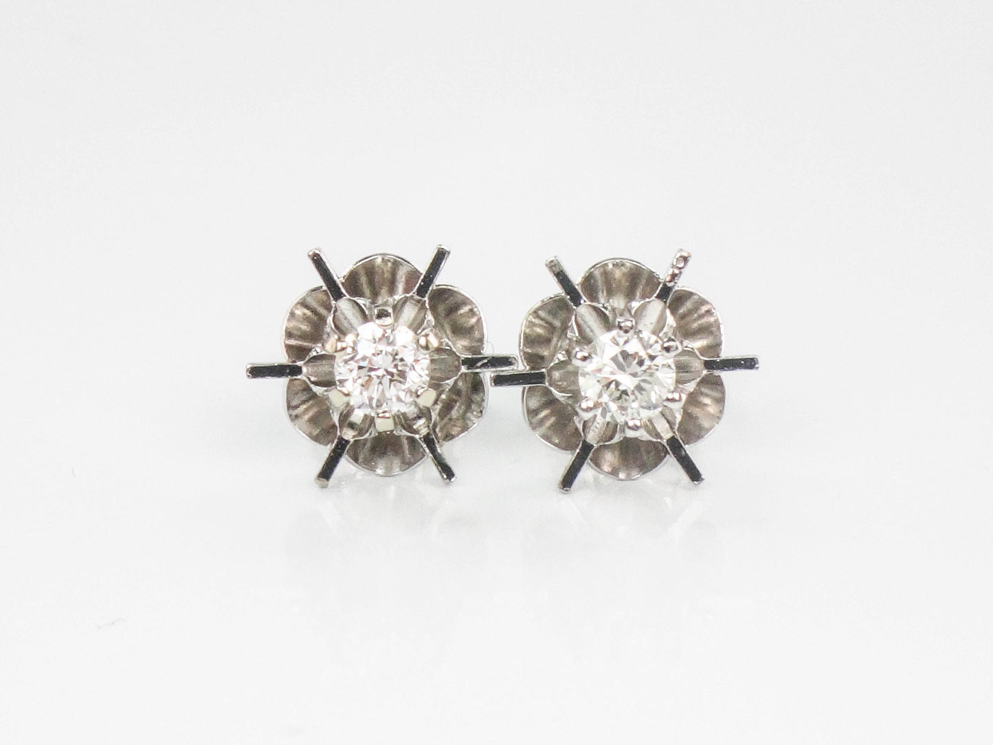 Vintage 14k White Gold Natural Diamond Stud Buttercup Earrings, Round Brilliant Bridal Earrings