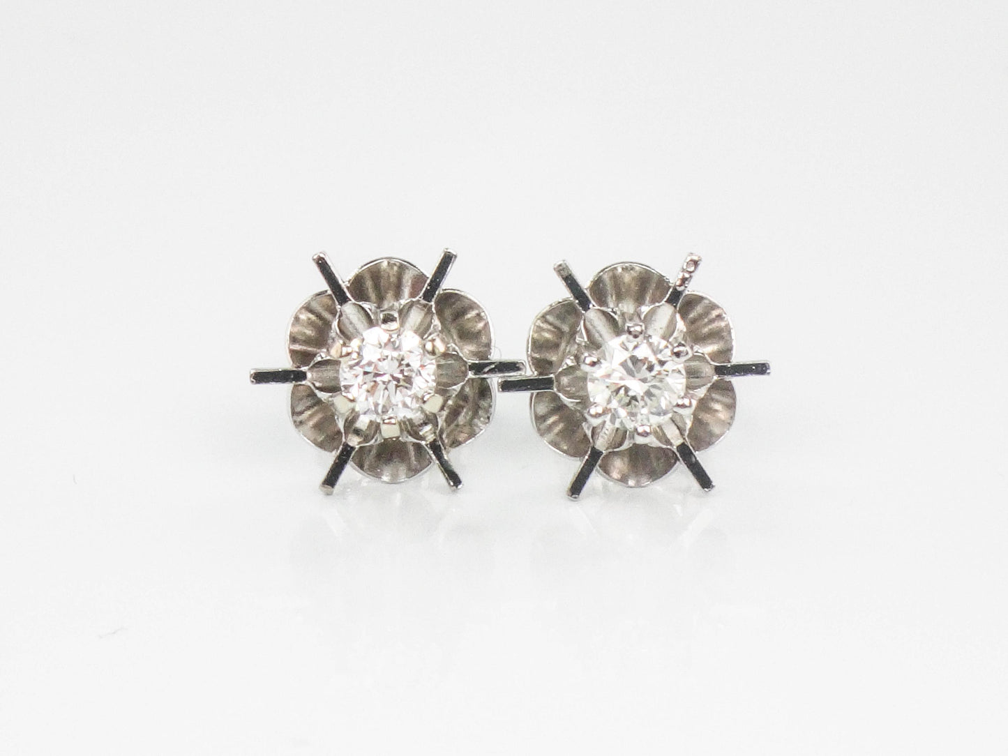 Vintage 14k White Gold Natural Diamond Stud Buttercup Earrings, Round Brilliant Bridal Earrings