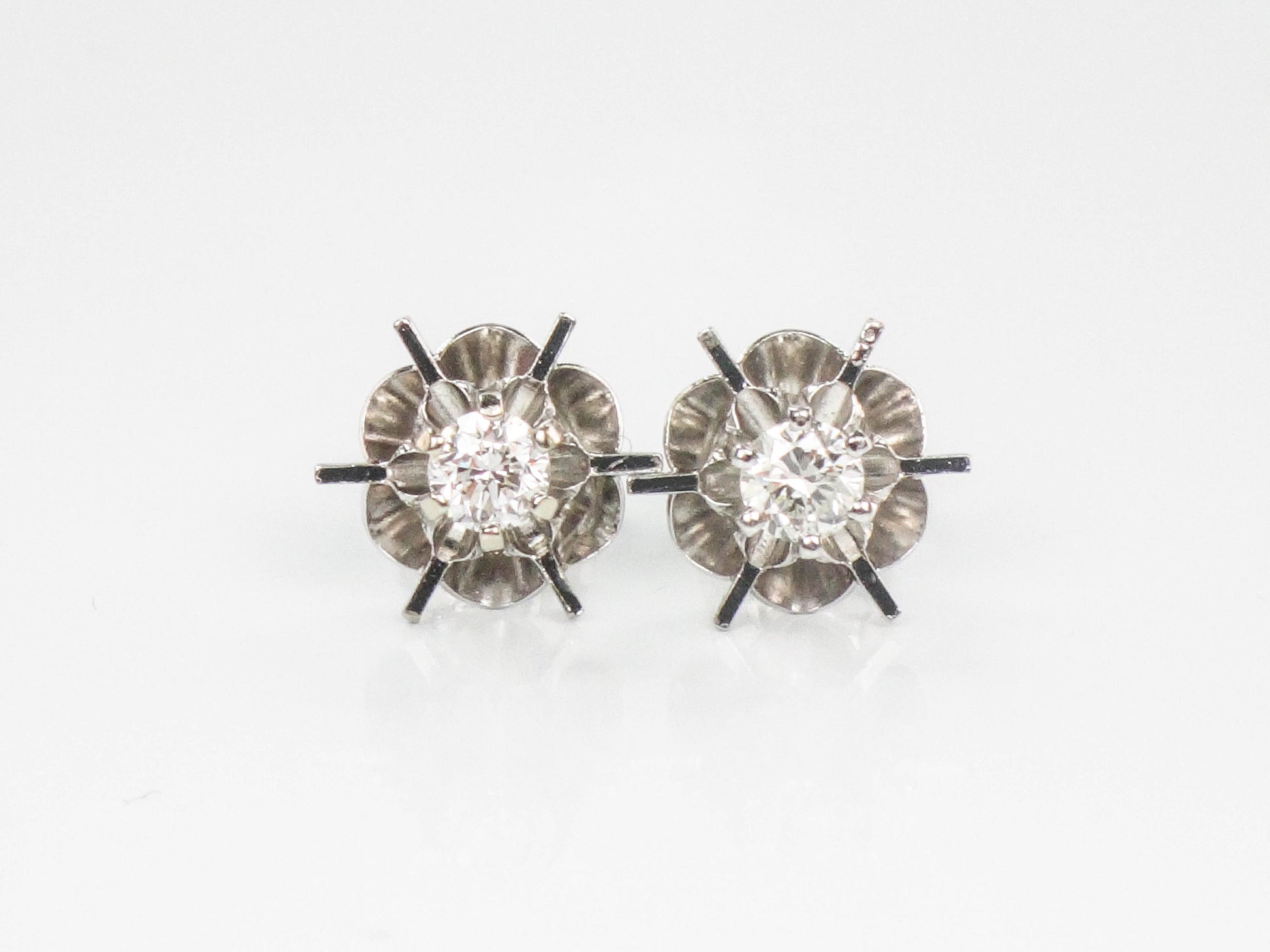 Vintage 14k White Gold Natural Diamond Stud Buttercup Earrings, Round Brilliant Bridal Earrings