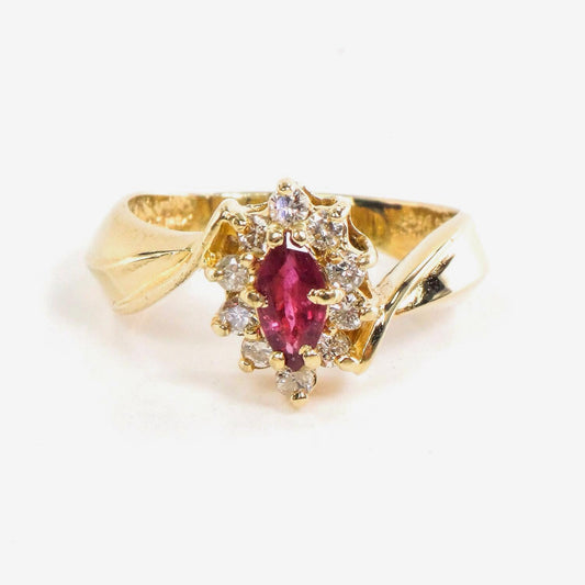 Vintage 14k Yellow Gold Natural Ruby and Diamond Halo Ring, July Birthstone Ring Size 7.75
