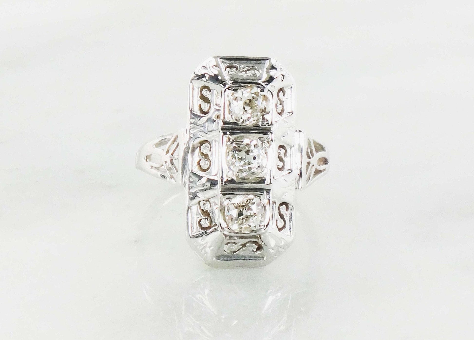 14k White Gold Art Deco Diamond Ring: Three Stone Old Mine Cut