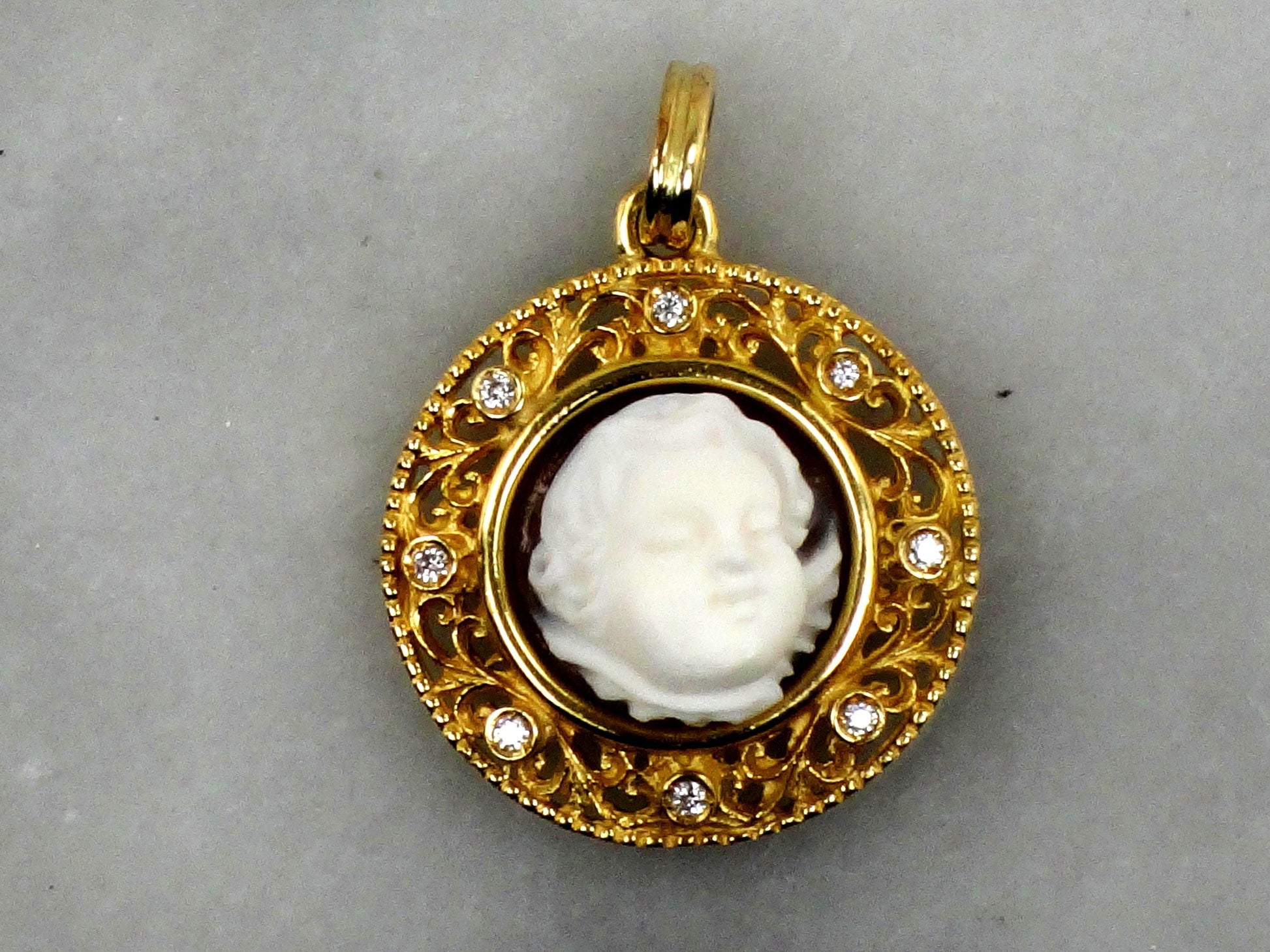 Vintage 18k Yellow Gold Cherub Cameo and Diamond Pendant, Angel Charm