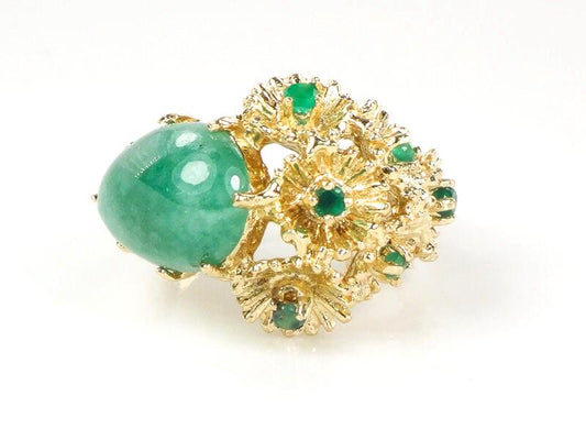 Vintage 14k Yellow Gold Green Jade and Chrysoprase Floral Cocktail Ring Size 6