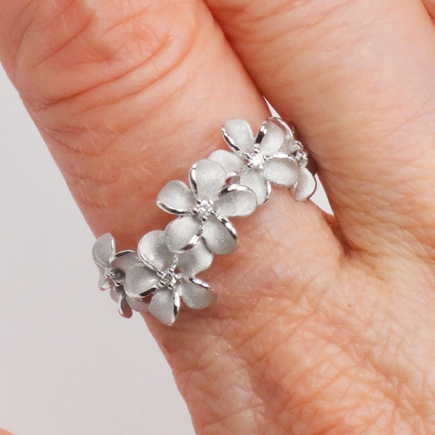 Vintage Denny Wong 14k White Gold Diamond Plumeria Flower Ring, Size 6