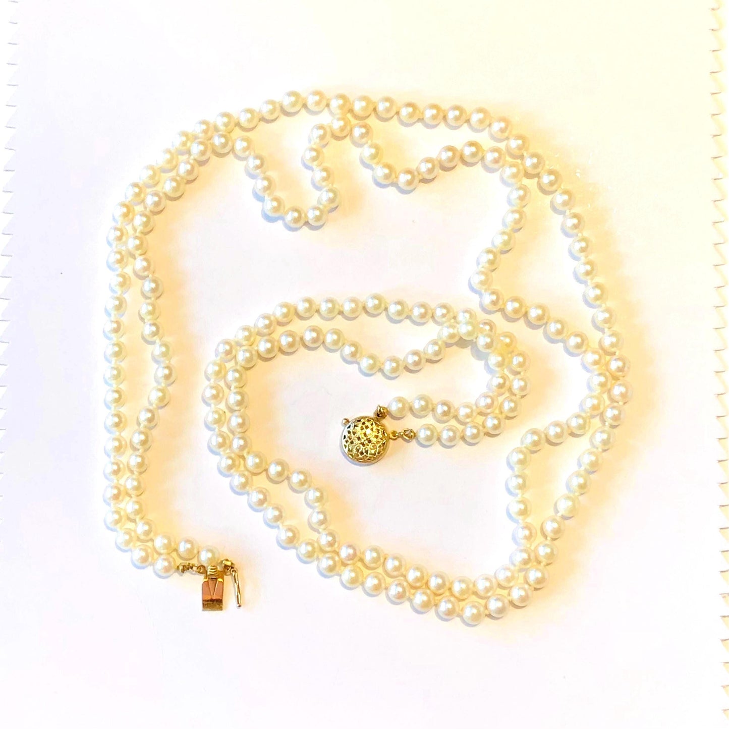 Vintage 14k Gold Double Strand Saltwater Cultured Pearl Necklace, 5 MM Pearl Bridal Necklace 23"
