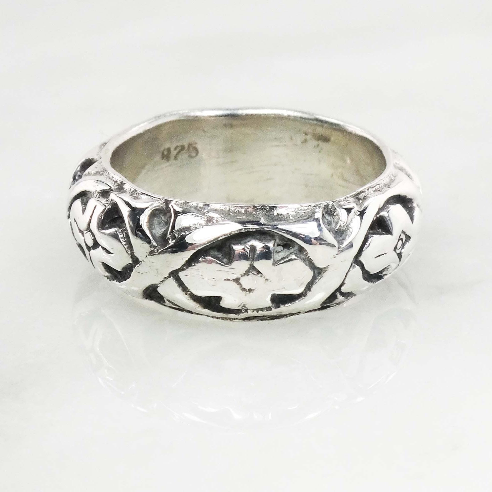 Vintage Sterling Silver Wide Floral Band 8 mm Silver Wedding Ring Size 7