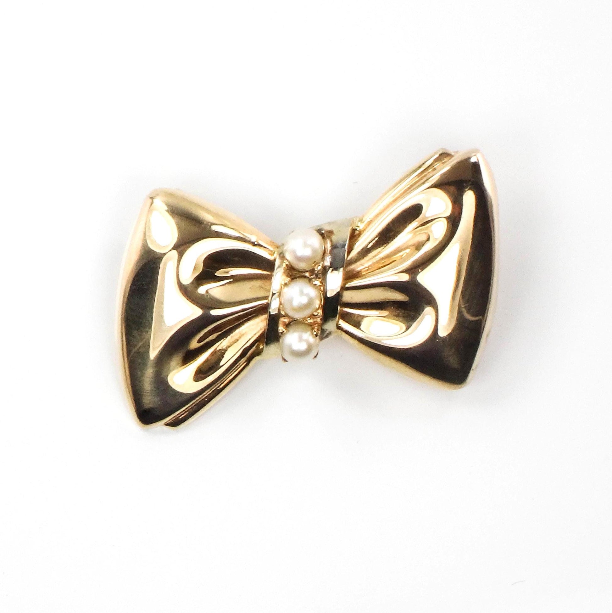 Vintage 14k Gold Bow Pin: Pearl Bow Tie Brooch