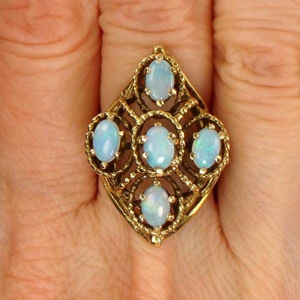 Vintage 14k Yellow Gold Natural Opal Cluster Ring, October Birthstone Size 5.5