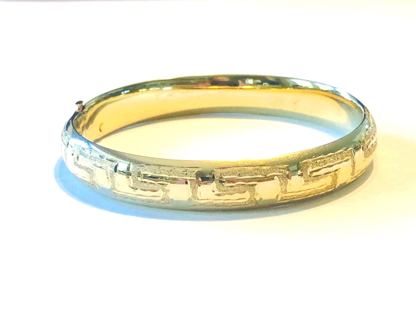 Vintage 14k Yellow Gold Greek Key Design Hinged Bangle Bracelet, Size 6 7/8"