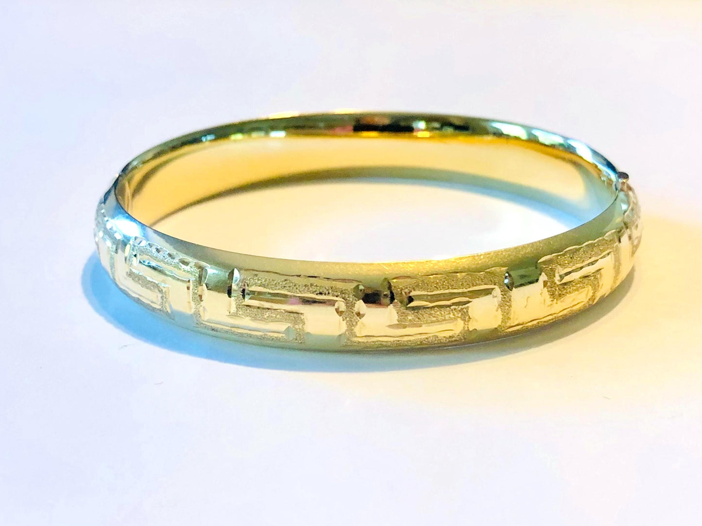 Vintage 14k Yellow Gold Greek Key Design Hinged Bangle Bracelet, Size 6 7/8"