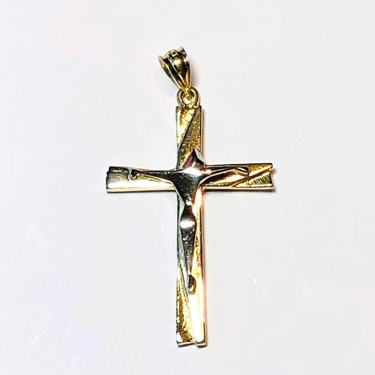 Vintage Solid 14k Two Tone Gold Modern Style Crucifix Cross Pendant, Unisex Cross