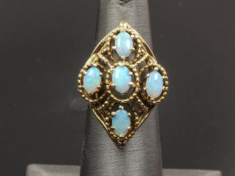 Vintage 14k Yellow Gold Natural Opal Cluster Ring, October Birthstone Size 5.5