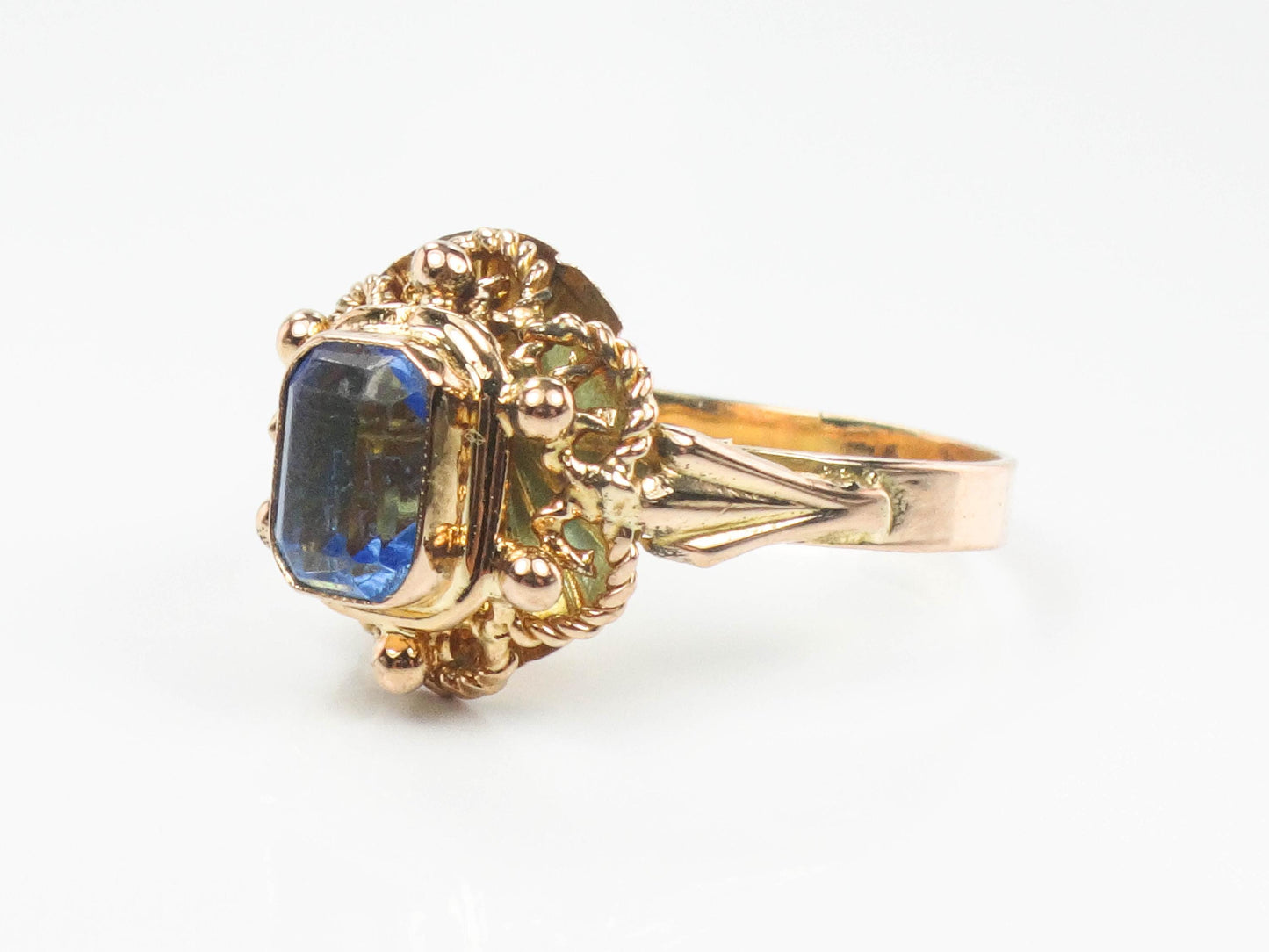 Vintage 19.2k Yellow Gold Cannetille Filigree Blue Glass Ring, Portuguese Hallmarked 800 Gold Ring, Size 6.75