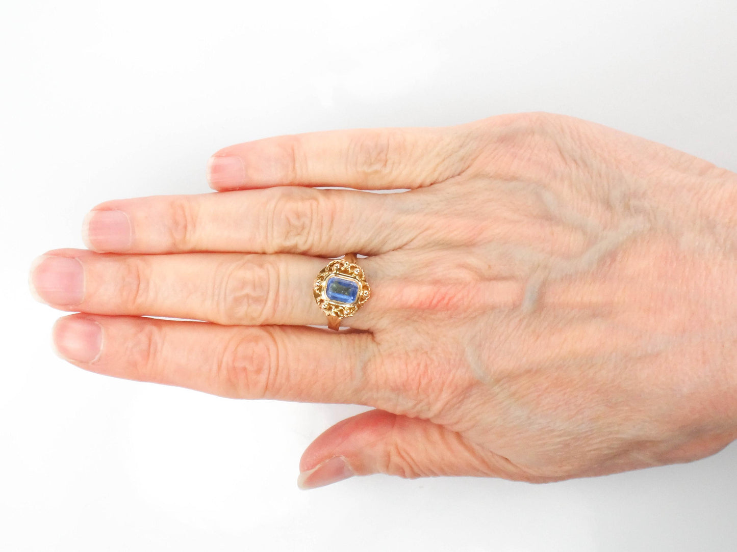 Vintage 19.2k Yellow Gold Cannetille Filigree Blue Glass Ring, Portuguese Hallmarked 800 Gold Ring, Size 6.75