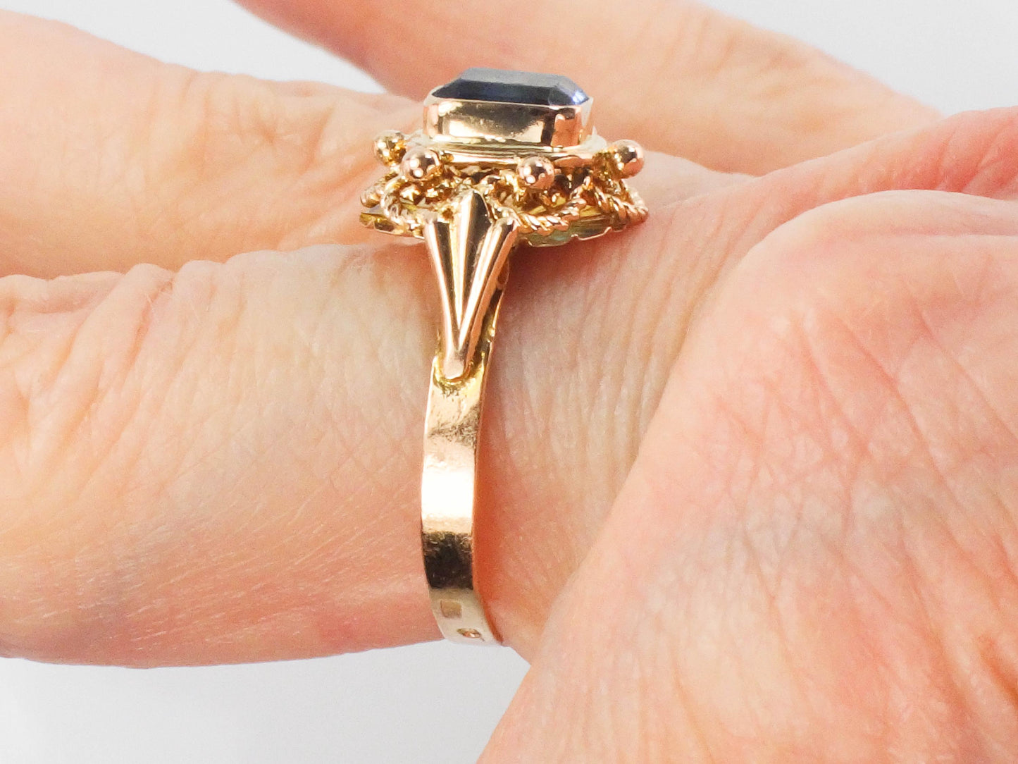 Vintage 19.2k Yellow Gold Cannetille Filigree Blue Glass Ring, Portuguese Hallmarked 800 Gold Ring, Size 6.75
