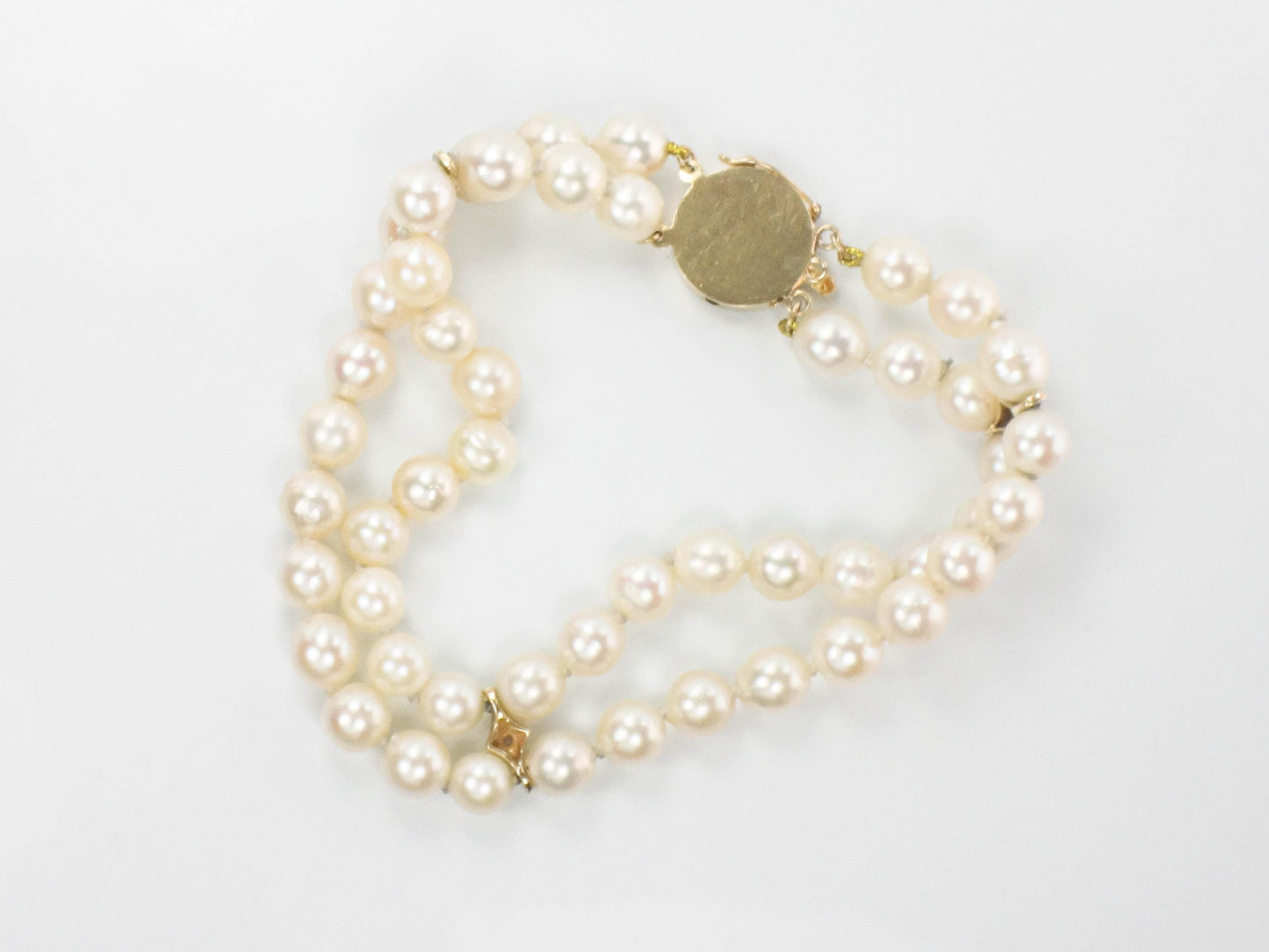 Vintage 14k Gold Double Strand Pearl and Diamond Bracelet, 5.9 - 6.2 mm Saltwater Cultured Pearl Bracelet, Bridal Bracelet 7 7/8"