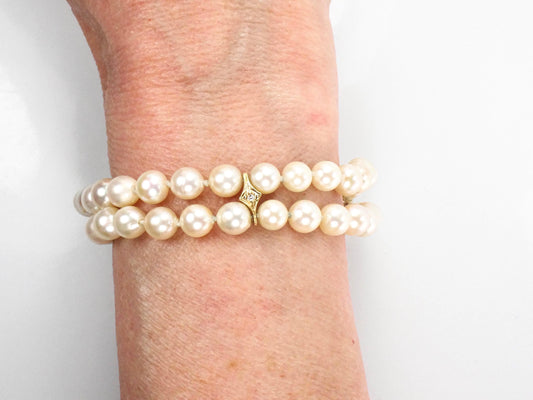 Vintage 14k Gold Double Strand Pearl and Diamond Bracelet, 5.9 - 6.2 mm Saltwater Cultured Pearl Bracelet, Bridal Bracelet
