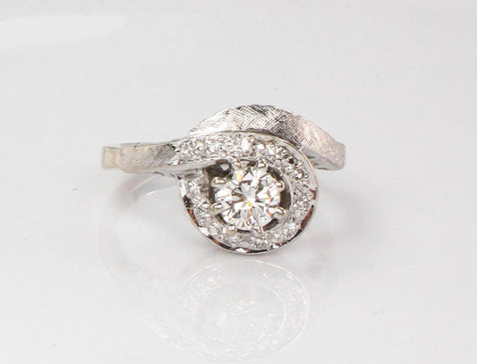 Vintage 14k White Gold Natural Diamond Engagement Ring Mid-Century Modern Round Diamond Swirl Ring Size 5.5