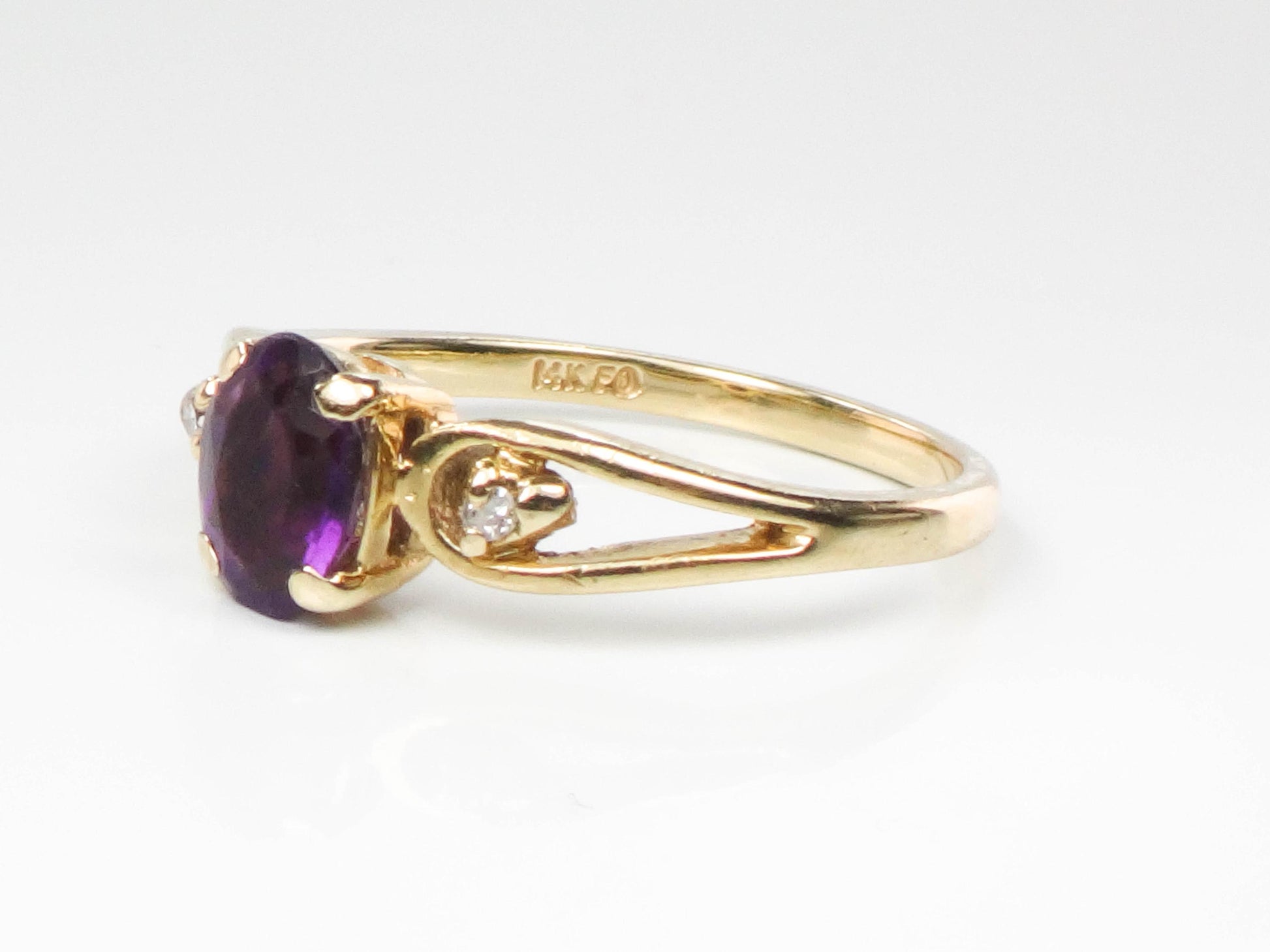 Vintage 14k Yellow Gold Amethyst Ring with Diamond Accents, February Birthstone, Size 6.5
