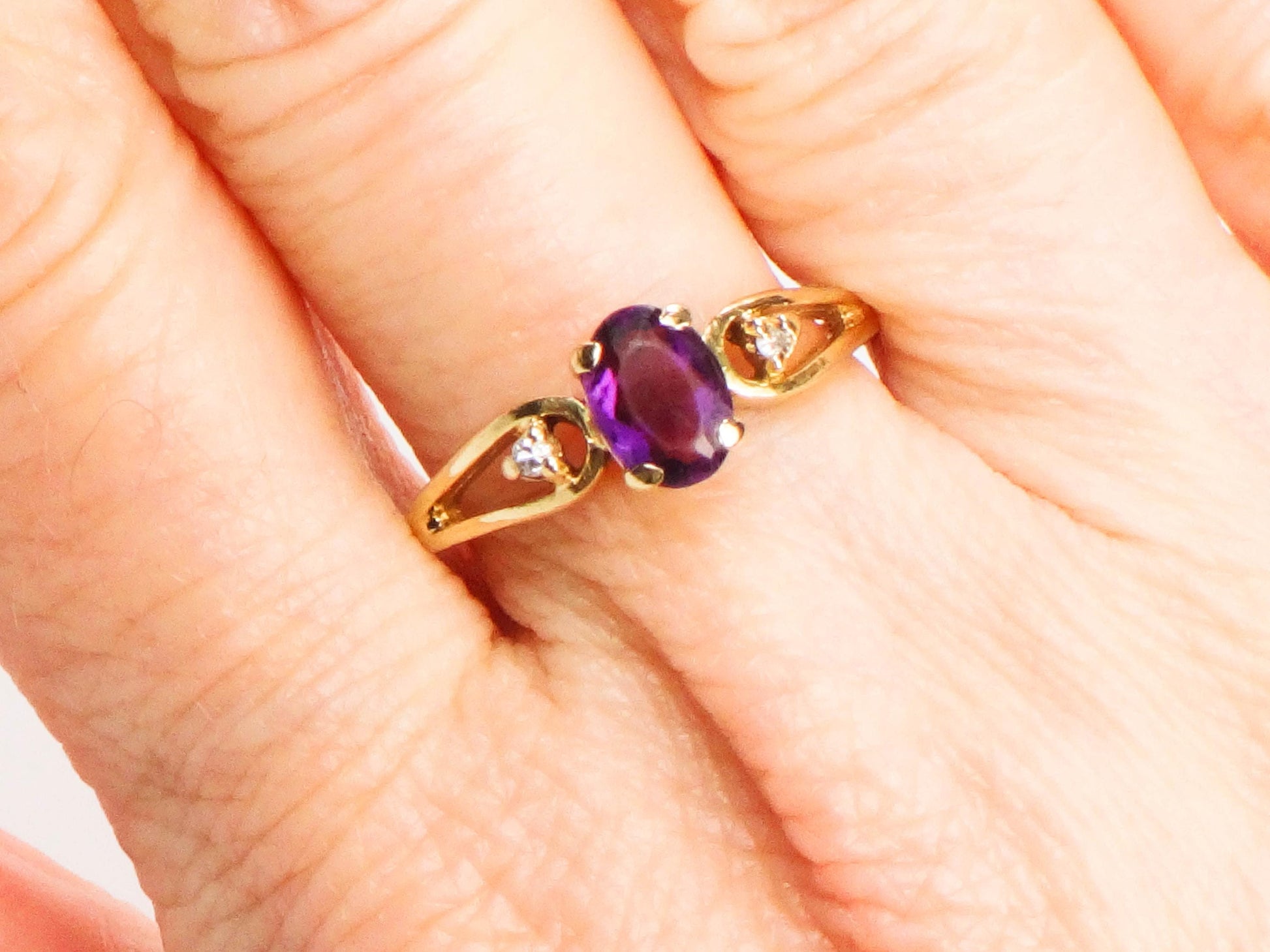 Vintage 14k Yellow Gold Amethyst Ring with Diamond Accents, February Birthstone, Size 6.5