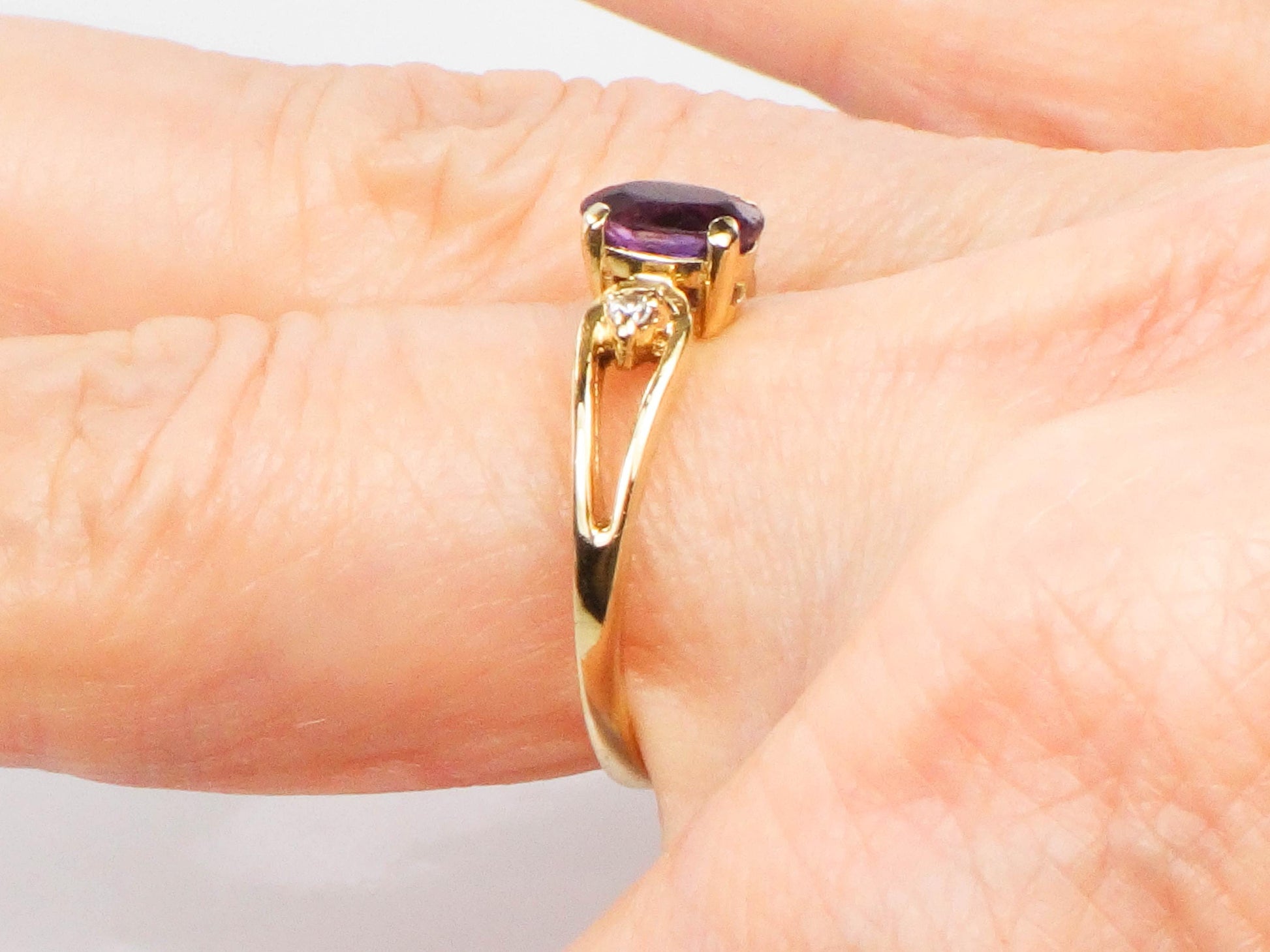 Vintage 14k Yellow Gold Amethyst Ring with Diamond Accents, February Birthstone, Size 6.5
