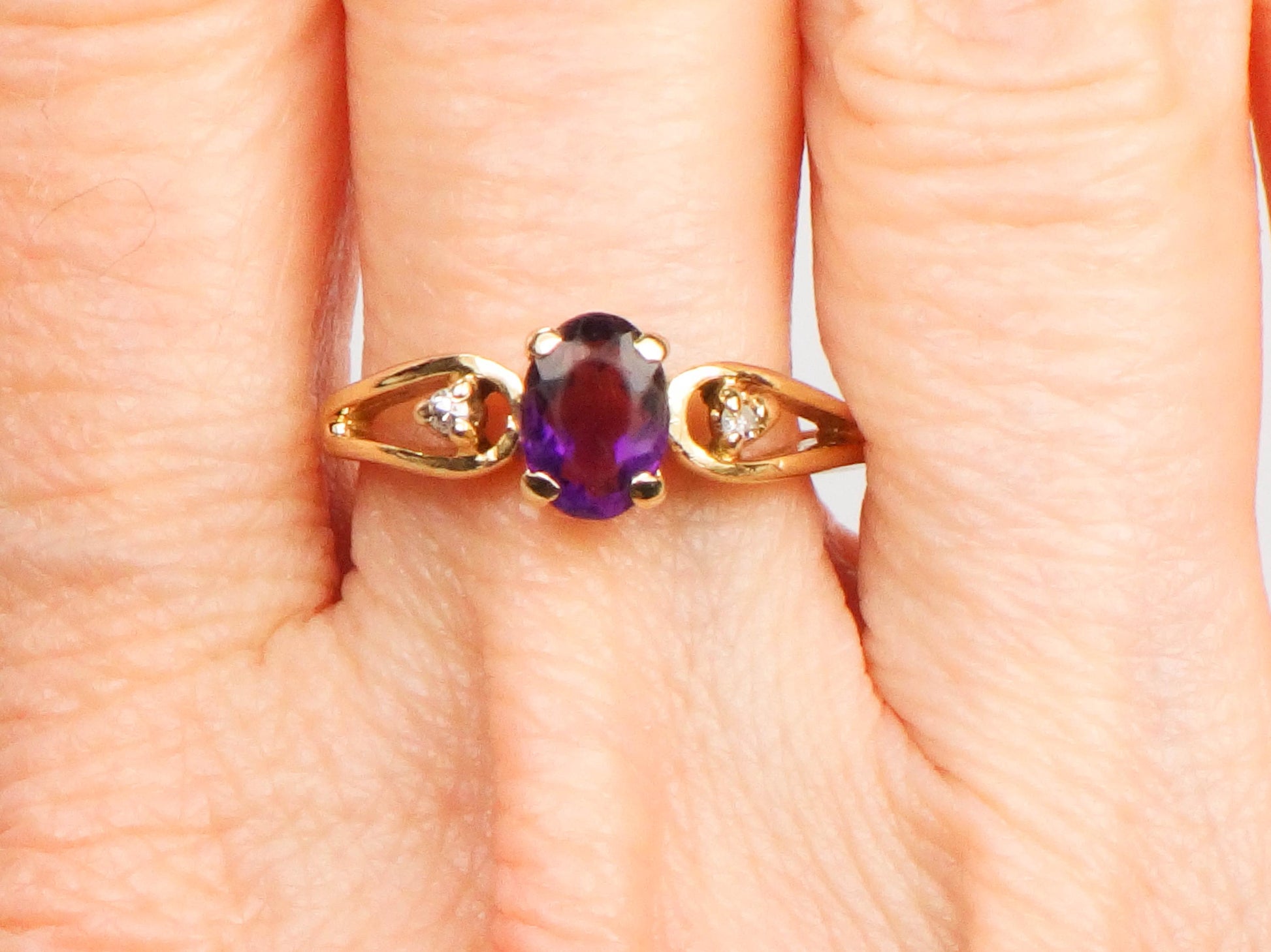 Vintage 14k Yellow Gold Amethyst Ring with Diamond Accents, February Birthstone, Size 6.5