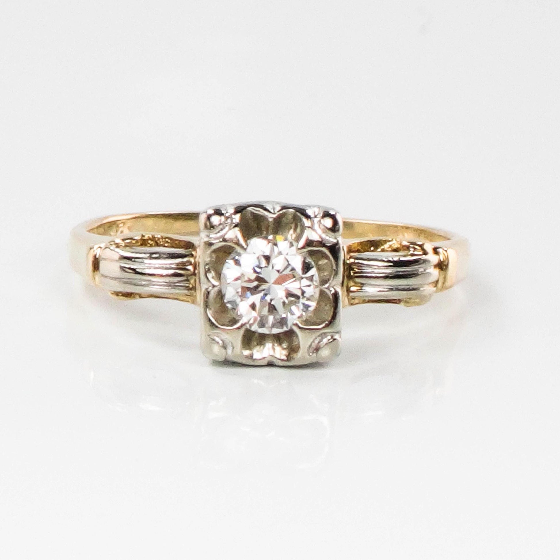 Vintage 14k Gold Round Natural Diamond Engagement Ring, Two Tone Orange Blossom Style Ring